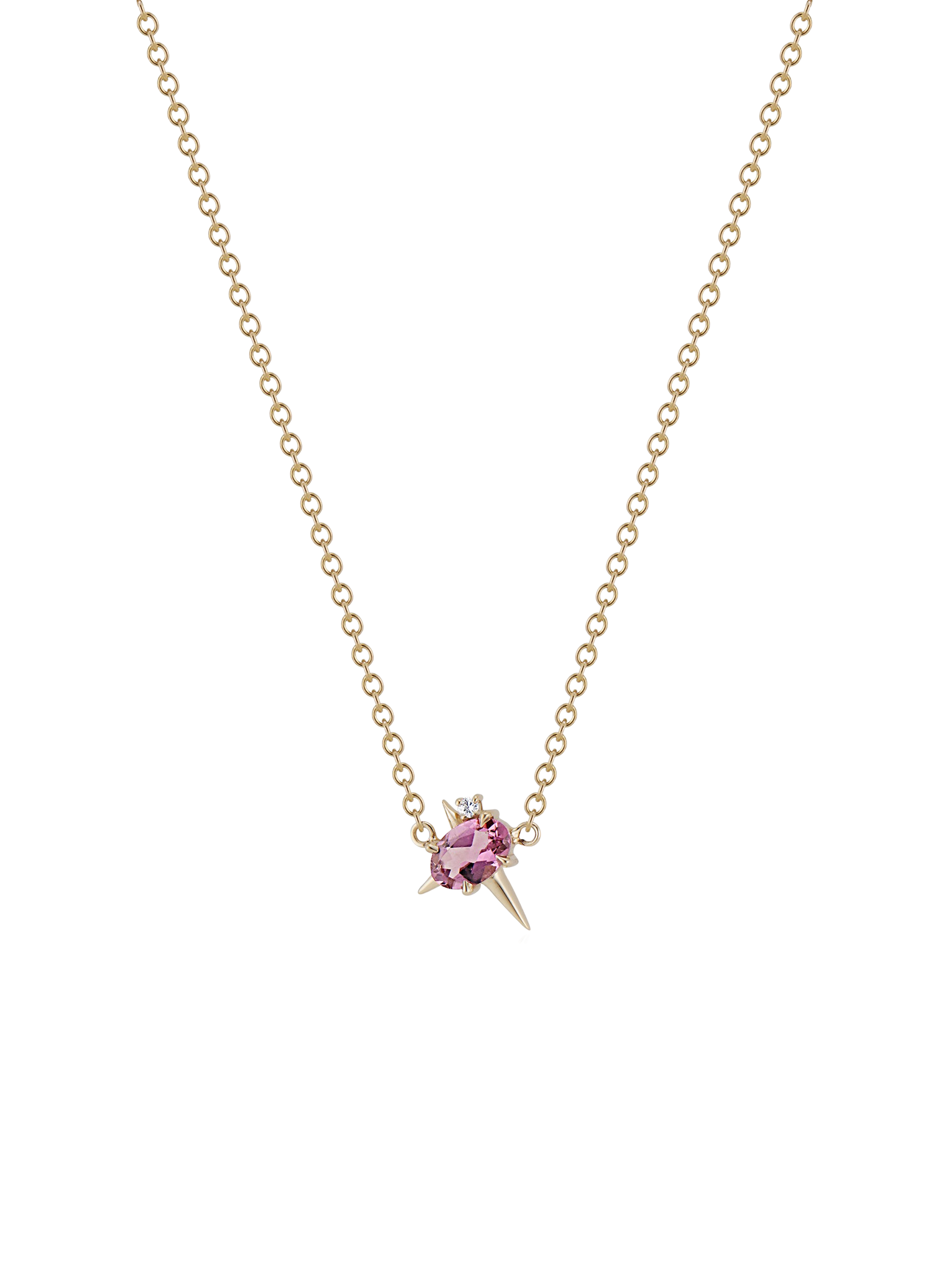 14ct yellow gold - pink tourmaline and diamond spike necklace